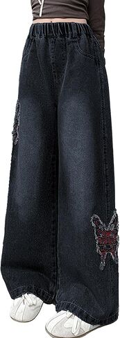 Happy Cherry Girl's Wide Leg Jeans Y2K Denim Pants Elastic Waist Baggy Jeans 5-13Years in Saudi Arabia