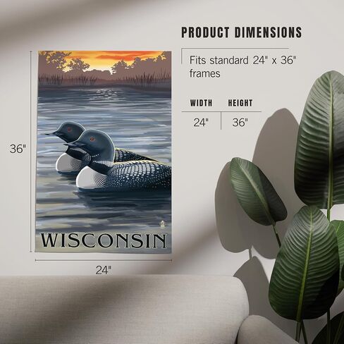 Lantern Press 24x36 Inch Giclee Art Print Wall Decor, Wisconsin, Loons at Sunset in Saudi Arabia