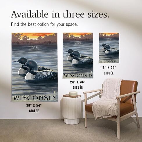 Lantern Press 24x36 Inch Giclee Art Print Wall Decor, Wisconsin, Loons at Sunset in Saudi Arabia