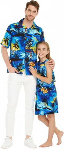 Matchable Hawaiian Luau Father Daughter Men Shirt Girl Round Neck Dress in Sunset Blue in Saudi Arabia