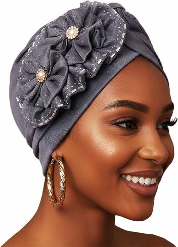 Woeoe Women Auto Gele Headwraps Gold Flower African Turban Pre Tied Beanie Caps Headwear in Saudi Arabia