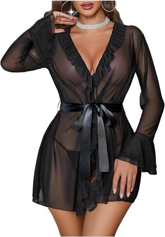 Avidlove Women Sexy Sheer Robe with Mesh Babydoll Lingerie with Thong(Black，M) in Saudi Arabia