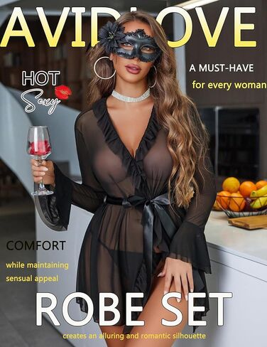 Avidlove Women Sexy Sheer Robe with Mesh Babydoll Lingerie with Thong(Black，M) in Saudi Arabia