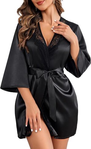 Avidlove Women's Kimono Robe and Lace Bodysuit Lingerie Black XL in Saudi Arabia