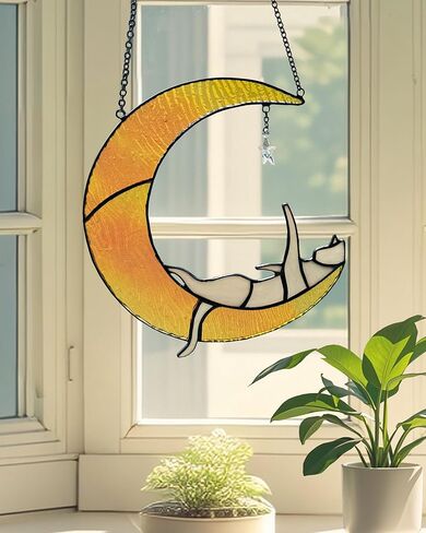 Cat and Moon Suncatchers, Stained Glass Window Hangings (Blue Moon) in Saudi Arabia