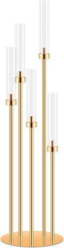 6 Set 5 Arm Gold Candle Holder, Mjkeomo 41.3'' Tall Candelabra Centerpieces for Tables Gold Candlesticks Holder for Housewarming Gift Fireplace Dinner Halloween Christmas Decor Fit 0.82'' LED Candle in Saudi Arabia