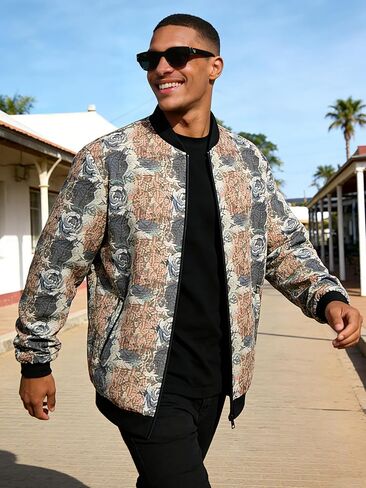 Men's Lightweight Printed Jacket, Spring Autumn Streetwear Slim Fit Casual Coat, Machine Washable in Saudi Arabia