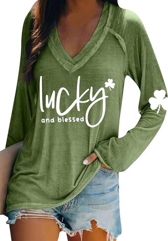 BOFETA Women St Patricks Day Sweatshirts Loose Long Sleeve Shirts Green Shamrock Print Blouse Flowy Color Block Pullover Tops in Saudi Arabia