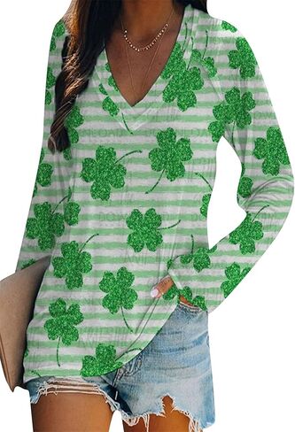 BOFETA Women St Patricks Day Sweatshirts Loose Long Sleeve Shirts Green Shamrock Print Blouse Flowy Color Block Pullover Tops in Saudi Arabia
