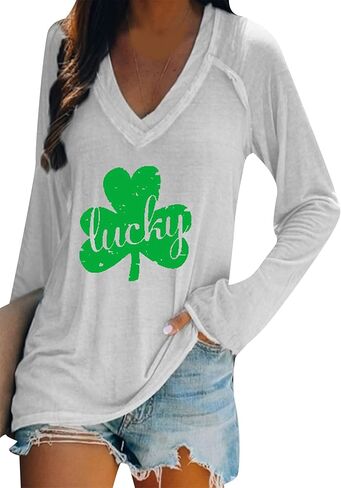 BOFETA Women St Patricks Day Sweatshirts Loose Long Sleeve Shirts Green Shamrock Print Blouse Flowy Color Block Pullover Tops in Saudi Arabia