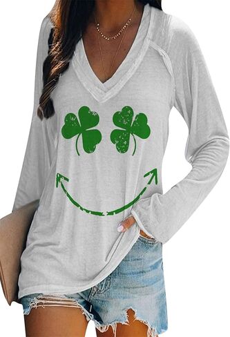 BOFETA Women St Patricks Day Sweatshirts Loose Long Sleeve Shirts Green Shamrock Print Blouse Flowy Color Block Pullover Tops in Saudi Arabia