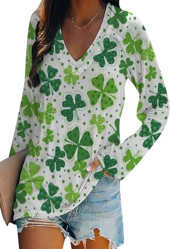BOFETA Women St Patricks Day Sweatshirts Loose Long Sleeve Shirts Green Shamrock Print Blouse Flowy Color Block Pullover Tops in Saudi Arabia
