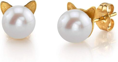 Cat Earrings 14K Gold 7.0-7.5mm Pearl Studs for Women with Freshwater Cultured Pearls - THE PEARL SOURCE in Saudi Arabia