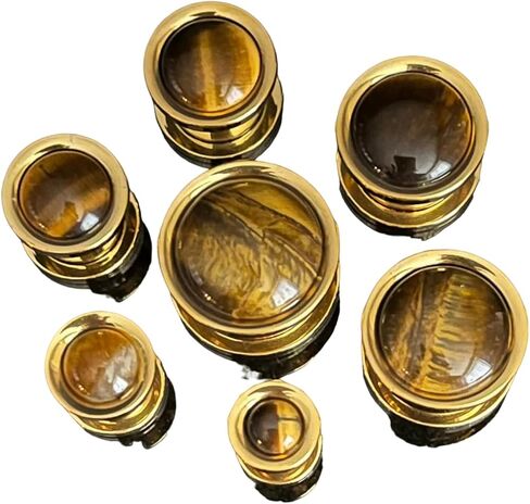PAIR of Stunning Tiger Eye Stone Dome Gold Steel Screw Fit Tunnels - Plugs - Gauge - Body Jewelry in Saudi Arabia