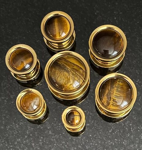 PAIR of Stunning Tiger Eye Stone Dome Gold Steel Screw Fit Tunnels - Plugs - Gauge - Body Jewelry in Saudi Arabia