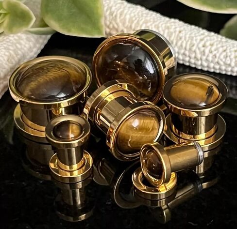 PAIR of Stunning Tiger Eye Stone Dome Gold Steel Screw Fit Tunnels - Plugs - Gauge - Body Jewelry in Saudi Arabia