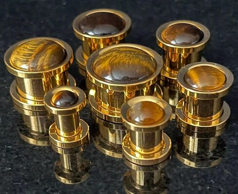 PAIR of Stunning Tiger Eye Stone Dome Gold Steel Screw Fit Tunnels - Plugs - Gauge - Body Jewelry in Saudi Arabia