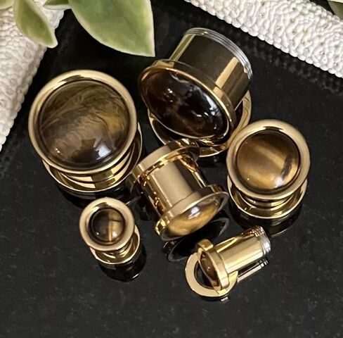 PAIR of Stunning Tiger Eye Stone Dome Gold Steel Screw Fit Tunnels - Plugs - Gauge - Body Jewelry in Saudi Arabia