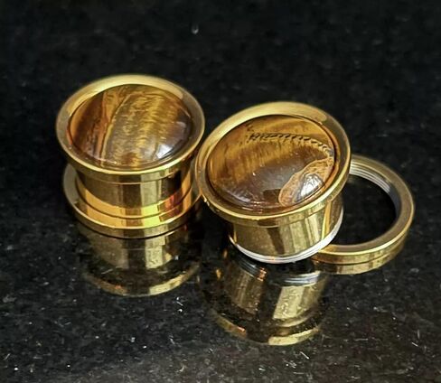 PAIR of Stunning Tiger Eye Stone Dome Gold Steel Screw Fit Tunnels - Plugs - Gauge - Body Jewelry in Saudi Arabia