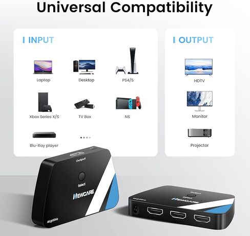 8K @ 60 هرتز HDMI 2.1 محول 3 في 1، NEWCARE 4K @ 120 هرتز HDMI Switcher 3 منافذ، 8K HDMI Auto Switch 3X1 محدد مع جهاز تحكم عن بعد بالأشعة تحت الحمراء لأجهزة Xbox، PS5، PS4، UHD TV، يدعم 48 جيجابت في الثانية، HDCP 2.3، HDR 10+، 1080P @240 هرتز in Kuwait