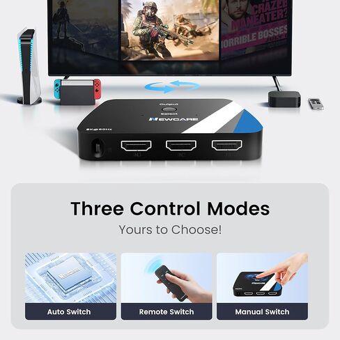 8K @ 60 هرتز HDMI 2.1 محول 3 في 1، NEWCARE 4K @ 120 هرتز HDMI Switcher 3 منافذ، 8K HDMI Auto Switch 3X1 محدد مع جهاز تحكم عن بعد بالأشعة تحت الحمراء لأجهزة Xbox، PS5، PS4، UHD TV، يدعم 48 جيجابت في الثانية، HDCP 2.3، HDR 10+، 1080P @240 هرتز in Kuwait