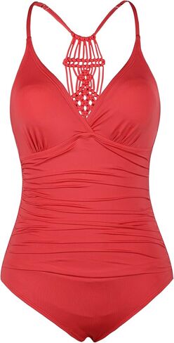 Women's Halter One Piece Swimsuits Braid Macrame Ruched Tummy Control Swimwear Coral Red US8 in Saudi Arabia