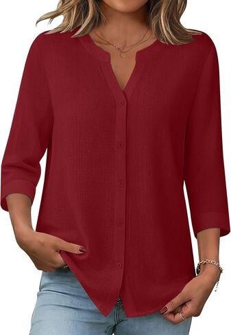 Zeagoo Button Down Shirts for Women 3/4 Sleeve Linen Cotton V Neck Tops Dressy Casual Loose Work Blouses in Saudi Arabia