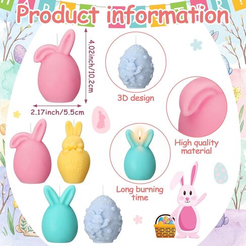 4 Pcs Easter Candles Easter Bunny Egg Candles Spring Pastel Soy Wax Real Wax Smokeless Drip-Free Rabbit Pink Blue Home Decor Gift for Table Centerpiece Party Bedroom Living Room Party Supplies in Saudi Arabia