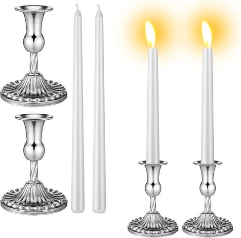 Passover Shabbat Candles Set Including 4 Pcs White Passover Seder Candles and 2 Pcs Retro Silver Printed Plated Candlesticks Total 10 Hours Burn Time Seder Night Passover Theme Table Decor in Saudi Arabia