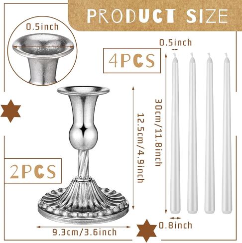 Passover Shabbat Candles Set Including 4 Pcs White Passover Seder Candles and 2 Pcs Retro Silver Printed Plated Candlesticks Total 10 Hours Burn Time Seder Night Passover Theme Table Decor in Saudi Arabia