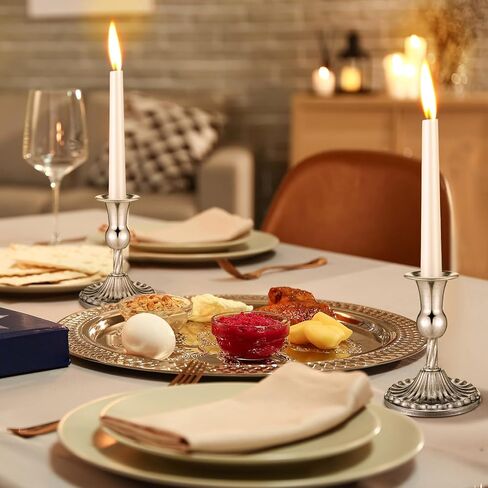 Passover Shabbat Candles Set Including 4 Pcs White Passover Seder Candles and 2 Pcs Retro Silver Printed Plated Candlesticks Total 10 Hours Burn Time Seder Night Passover Theme Table Decor in Saudi Arabia