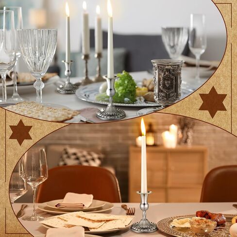 Passover Shabbat Candles Set Including 4 Pcs White Passover Seder Candles and 2 Pcs Retro Silver Printed Plated Candlesticks Total 10 Hours Burn Time Seder Night Passover Theme Table Decor in Saudi Arabia