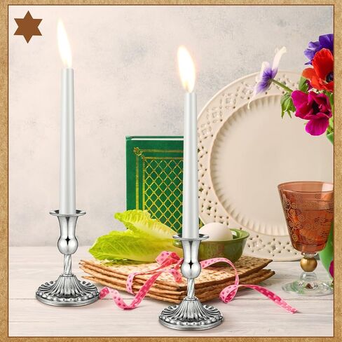 Passover Shabbat Candles Set Including 4 Pcs White Passover Seder Candles and 2 Pcs Retro Silver Printed Plated Candlesticks Total 10 Hours Burn Time Seder Night Passover Theme Table Decor in Saudi Arabia