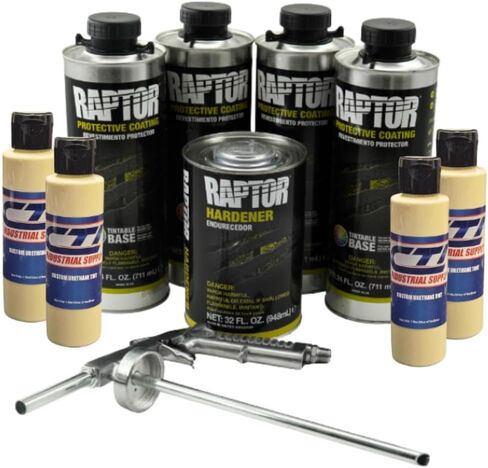 Raptor Truck Bed Liner Kit with Colored Desert Tan Tint and Spray Gun - 4 Liters - Protective Spray On Paint for Coating Trucks, Tailgates, Vehicle Undercoating - Tintable Bedliner Formula in Saudi Arabia
