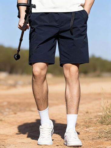 Men's Blue Straight Leg Cargo Shorts - Drawstring Waist Casual Outdoor Utility Pants in Saudi Arabia