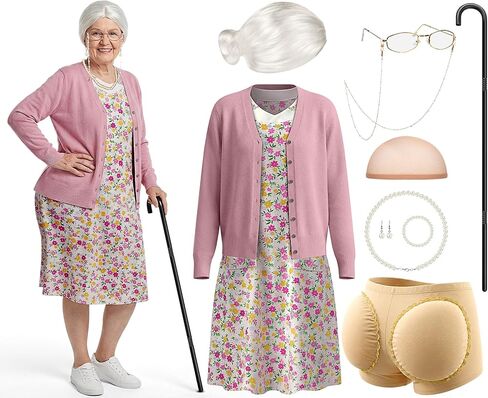 9 Pcs Women's Old Lady Costume Set Adult Wig Nightgown Dress Sweater Jewelry Cane Fake Butt for 100 Days of School in Saudi Arabia