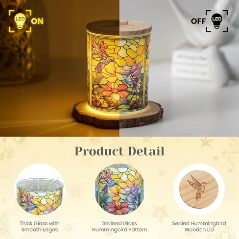 Hewory Hummingbird Gifts for Women: Glass Tea Light Candle Holders Jar with Wood Lid, Hummingbird Christmas Ornament for Mom Grandma Sister, Home Decor for Candle Lover Bird Lover (Include LED String) in Saudi Arabia