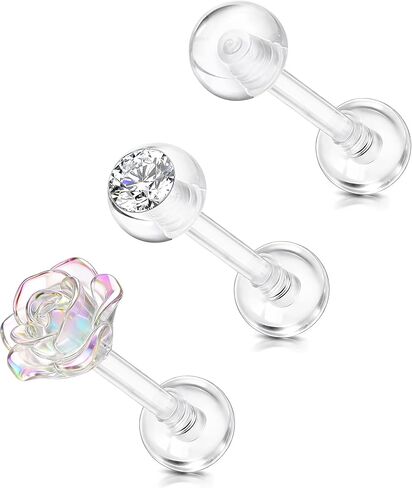 BodyBonita 3Pcs Clear PTFE Helix Rook Piercing Jewelry, Bioflex Plastic Piercing Retainer for Surgery Work Sports, Tragus Daith Lobe Cartilage Earrings Studs Lip Eyebrow Belly Button Ring for Women in Saudi Arabia
