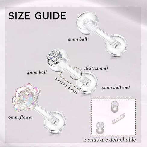 BodyBonita 3Pcs Clear PTFE Helix Rook Piercing Jewelry, Bioflex Plastic Piercing Retainer for Surgery Work Sports, Tragus Daith Lobe Cartilage Earrings Studs Lip Eyebrow Belly Button Ring for Women in Saudi Arabia
