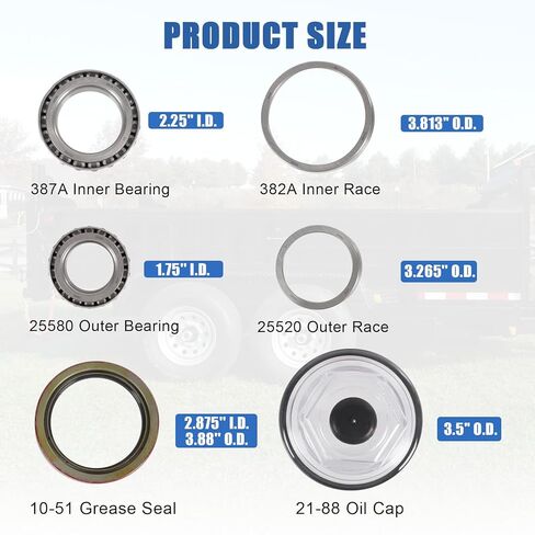Trailer Bearing Kit 25580/387A Bearings 10-51 Grease Seal Compatible with Dexter 10K GD (After 2009) 9-123 8-41512-1/4" x 3-3/8" Trailer Axles Brake Drum 21-88 Oil Caps BK-430-GD in Saudi Arabia