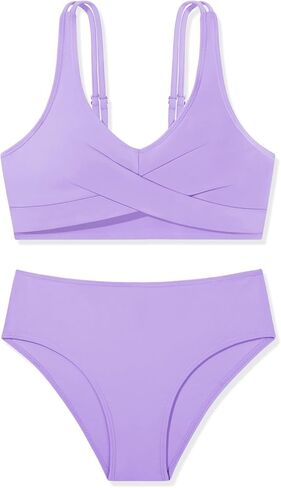 فتيات السباحة 2 قطعة من الأزهار الاستوائية تويست كروس ملابس السباحة عالية الخصر مجموعة في سن المراهقة بدلة السباحة الصلبة الصلبة 9-16T in Kuwait