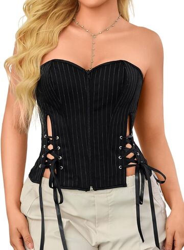 Women's Zip Up Corset Top, Overbust Strapless Corset for Renaissance Festival & Going Out in Saudi Arabia