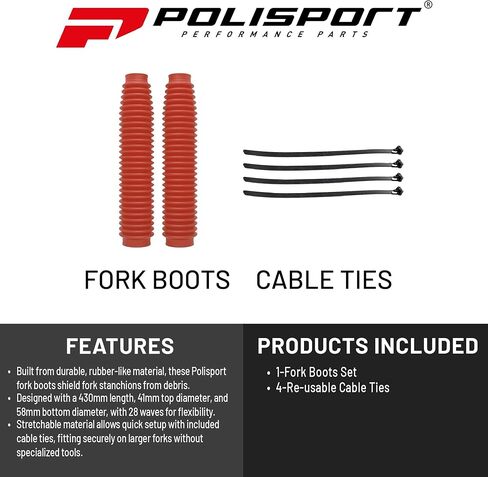Polisport Universal Fork Boots Enduro، طول 430 مم × 41 مم علوي × 58 مم سفلي، مادة متينة تشبه المطاط، زوج للموتوكروس والدراجات النارية على الطرق الوعرة، أحمر in Saudi Arabia