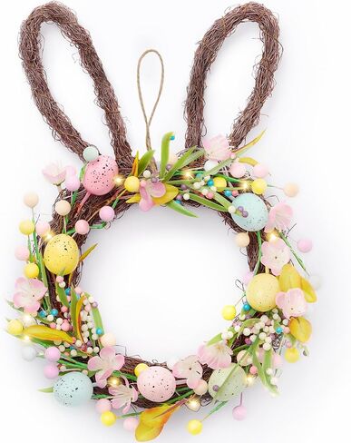 Valery Madelyn 16'' Easter Bunny Wreath for Front Door with Light, Pre-lit Spring Rabbit Wreath Decoration with Pastel Speckled Eggs & Berries, Artificial Farmhouse Wall Decor for Holiday Home Indoor in Saudi Arabia