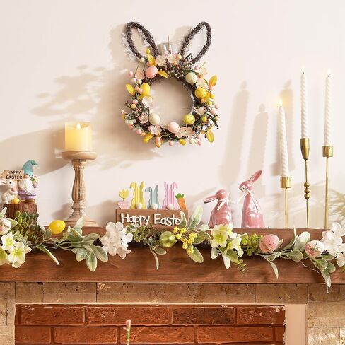 Valery Madelyn 16'' Easter Bunny Wreath for Front Door with Light, Pre-lit Spring Rabbit Wreath Decoration with Pastel Speckled Eggs & Berries, Artificial Farmhouse Wall Decor for Holiday Home Indoor in Saudi Arabia
