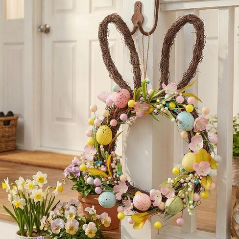 Valery Madelyn 16'' Easter Bunny Wreath for Front Door with Light, Pre-lit Spring Rabbit Wreath Decoration with Pastel Speckled Eggs & Berries, Artificial Farmhouse Wall Decor for Holiday Home Indoor in Saudi Arabia