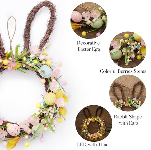 Valery Madelyn 16'' Easter Bunny Wreath for Front Door with Light, Pre-lit Spring Rabbit Wreath Decoration with Pastel Speckled Eggs & Berries, Artificial Farmhouse Wall Decor for Holiday Home Indoor in Saudi Arabia