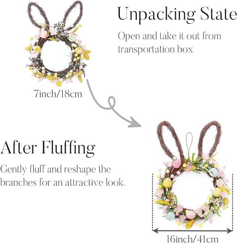 Valery Madelyn 16'' Easter Bunny Wreath for Front Door with Light, Pre-lit Spring Rabbit Wreath Decoration with Pastel Speckled Eggs & Berries, Artificial Farmhouse Wall Decor for Holiday Home Indoor in Saudi Arabia