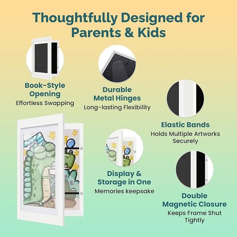 Kids Art Display and Photo Frame – A4 Double Magnetic Closure for Wall or Stand, Holds 100 Artworks – MDF Wood & Shatter-Resistant Plexiglass – 33 cm x 24.2 cm - (White) in Saudi Arabia