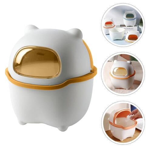 Mini Bear Desk Trash Can with Lid, Small Cartoon Desktop Wastebasket for Bedroom and Office, White and Yellow Mini Flip-top Trash Bin in Saudi Arabia